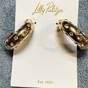 Lilly Pulitzer All Dahled Up Gold Metallic Crystal Hoop Pierced Earrings NWT